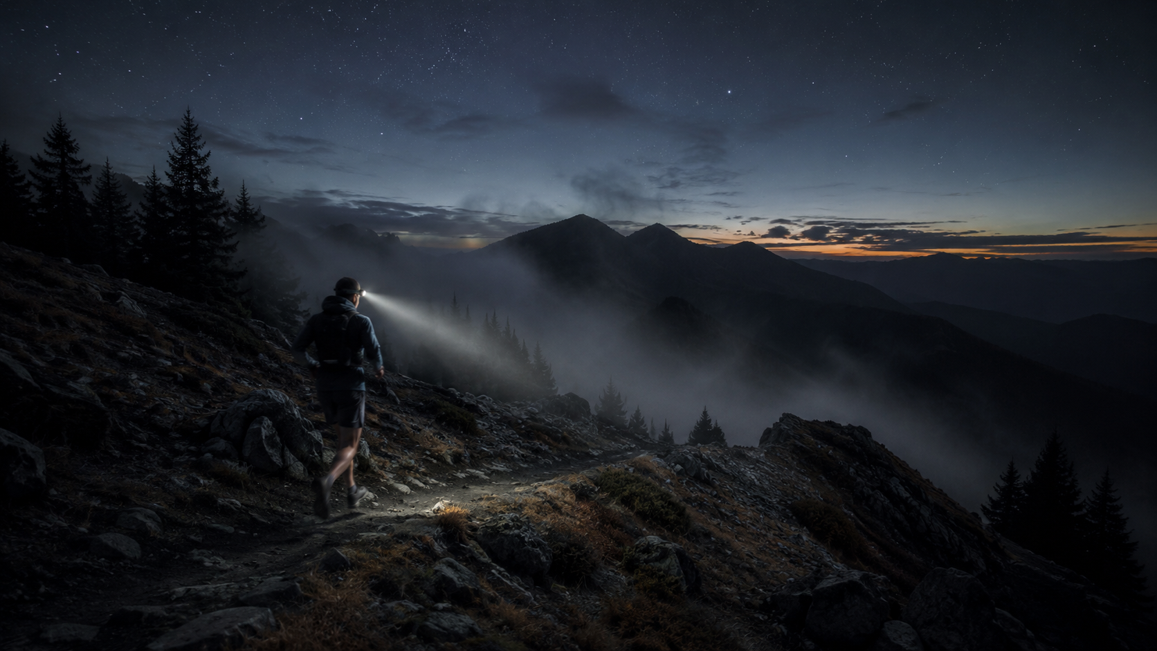 Runner with headlamp in mountains at night