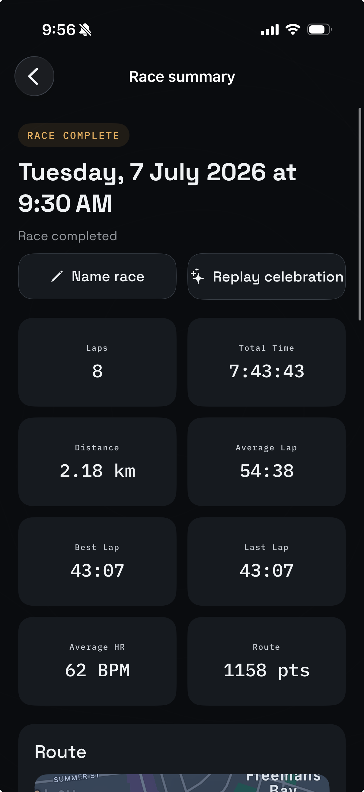BackyardPace race summary: 8 laps, 7 hours 43 minutes, 2.18km, average lap 54:38