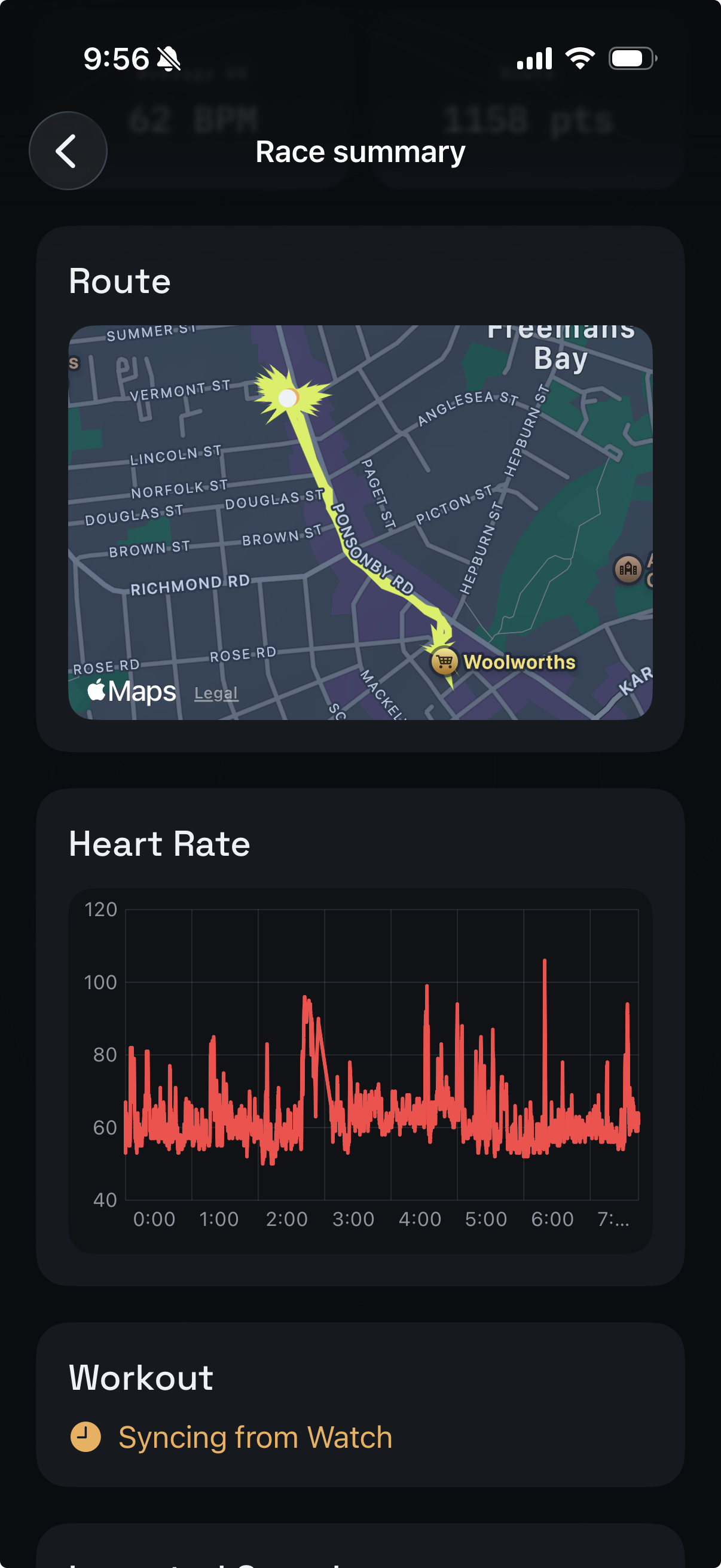 Heart rate chart showing continuous tracking across 7+ hours