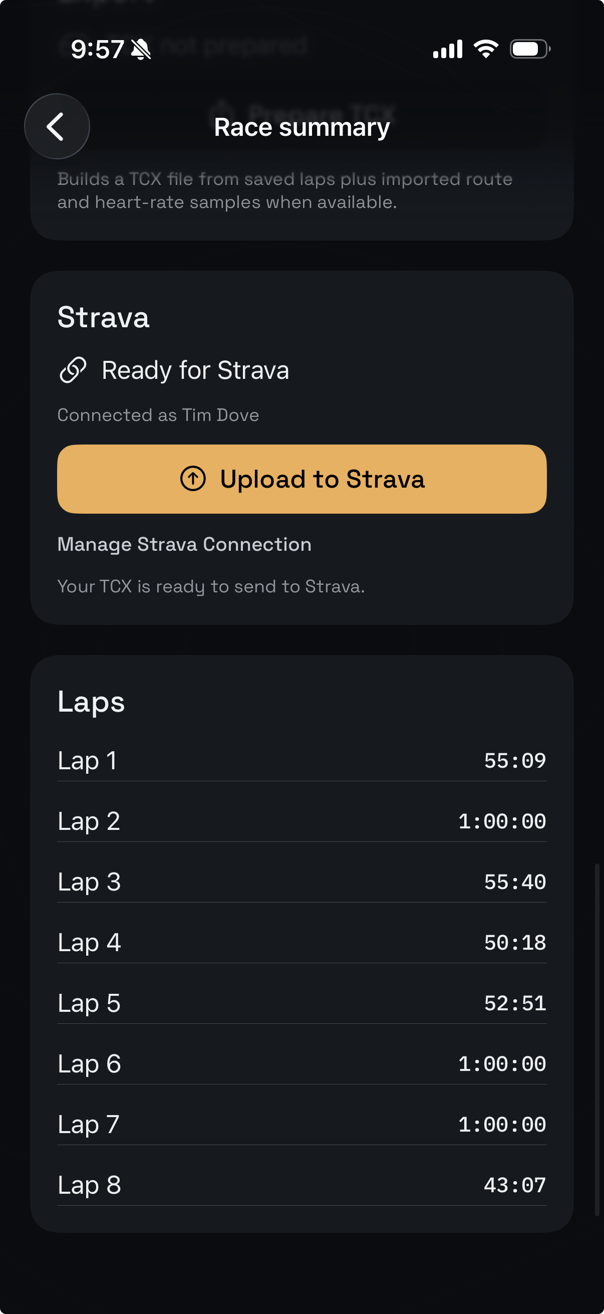 BackyardPace lap log showing all 8 lap times