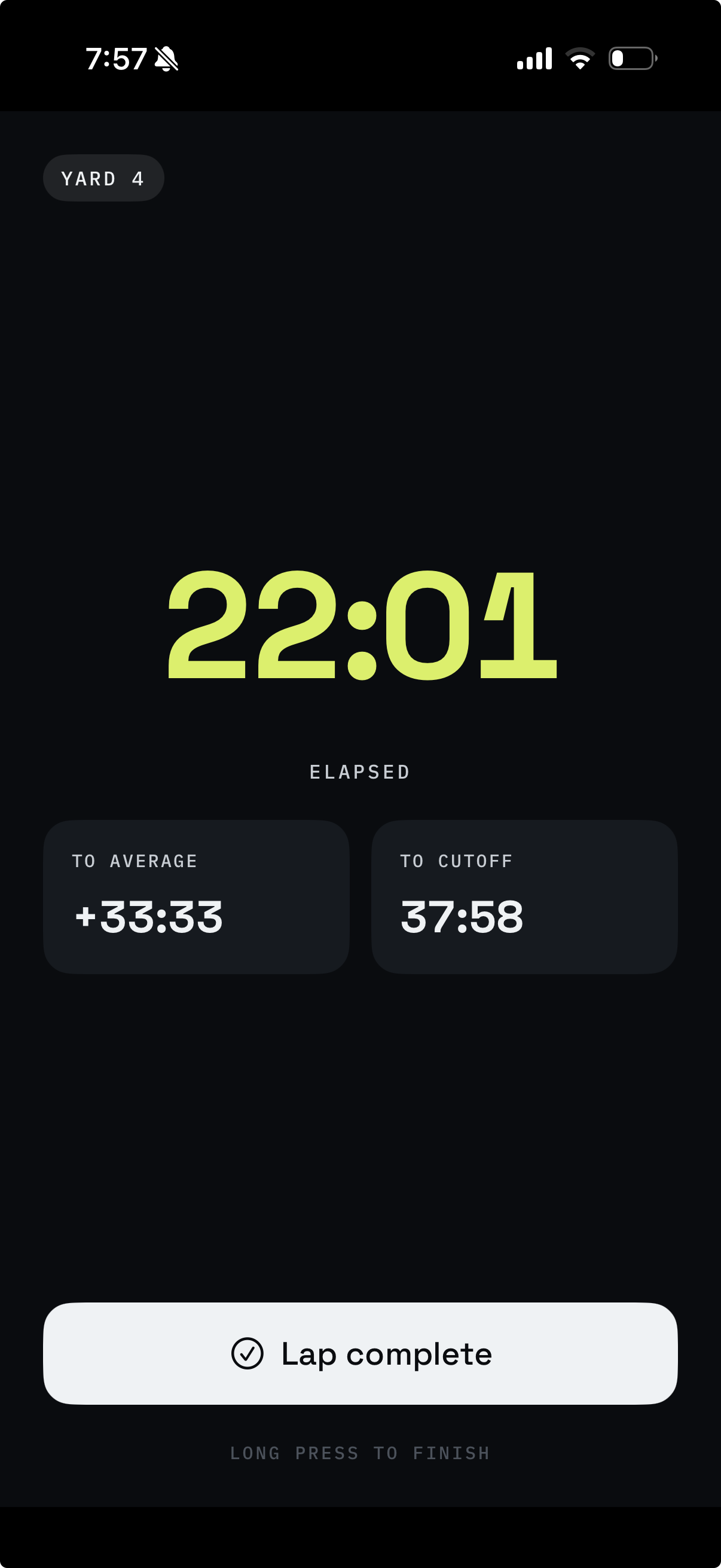 BackyardPace running a race from iPhone, showing yard 4, elapsed time, time to cutoff and the Lap complete button
